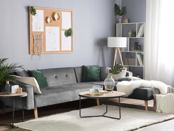 Højre hjørnesovesofa grå velour 4-personers 3 pyntepuder med sovefunktion skandinavisk stil