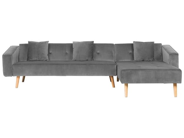 Højre hjørnesovesofa grå velour 4-personers 3 pyntepuder med sovefunktion skandinavisk stil