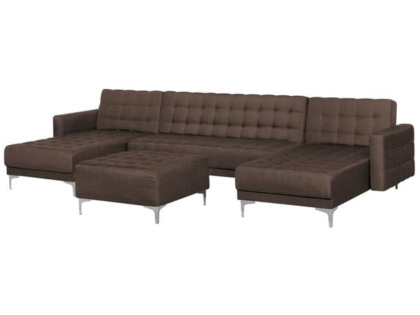 Sofa Chaiselong Mørkebrun Polyester med Skumfyld og Sølv Krom Metal Ben 5 personers Moderne U-formet modul Fodstøtte med Sovefunktion