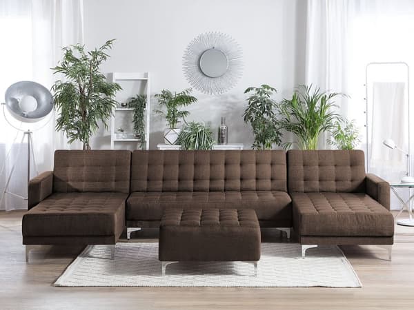 Sofa Chaiselong Mørkebrun Polyester med Skumfyld og Sølv Krom Metal Ben 5 personers Moderne U-formet modul Fodstøtte med Sovefunktion