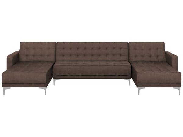Sofa Chaiselong Mørkebrun Polyester med Skumfyld og Sølv Krom Metal Ben 5 personers Moderne U-formet modul Klik Klak med Sovefunktion