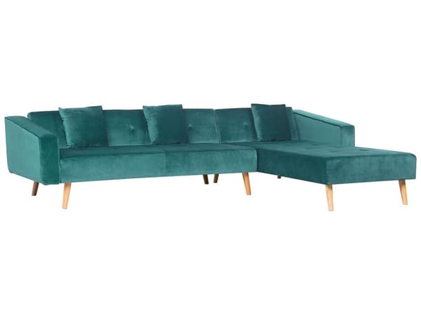 Venstre hjørnesovesofa smaragdgrøn velour 4-personers 3 pyntepuder med sovefunktion skandinavisk stil