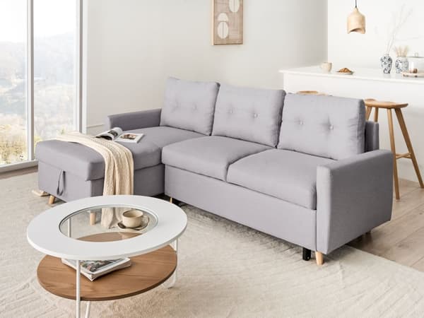 Højrevendt Hjørnesovesofa Lysegrå 3 Personers med Sovefunktion og Opbevaring Quiltet Skandinavisk Stil