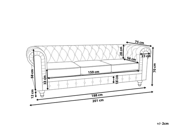 Sohva tummanpunainen 201 x 70 x 75 cm samettiverhoilu kolmelle chesterfield