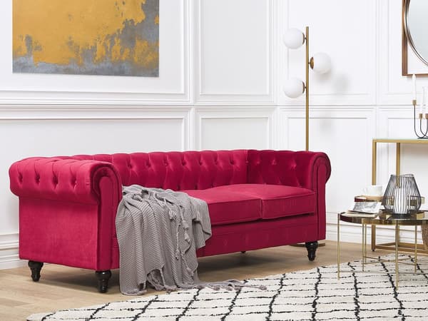 Sohva tummanpunainen 201 x 70 x 75 cm samettiverhoilu kolmelle chesterfield