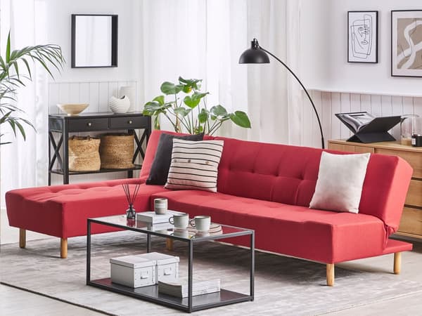 Sovesofa med Chaiselong Rød 4 Personers Sofa L Formet Dyb Sofaseng Siddemøbel Blød Stofsofa Design Hjørnesovesofa