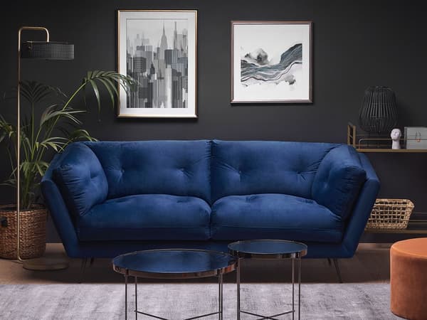 Soffa Blå Sammet Metall Ben 210 x 90 cm med Kuddar Retro
