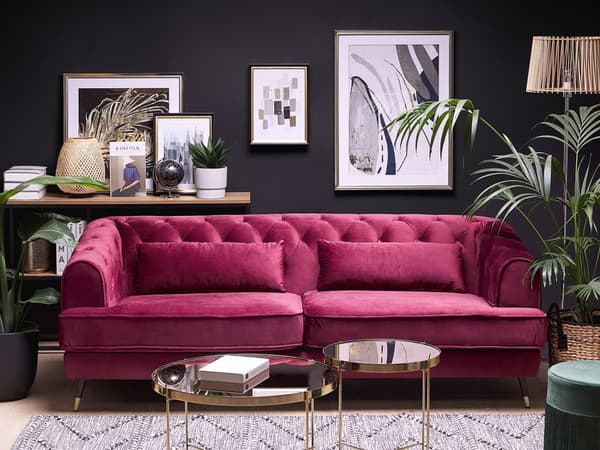 Sohva punainen kangas verhoilu 3 hengelle 195 x 70 cm chesterfield retro tyyli
