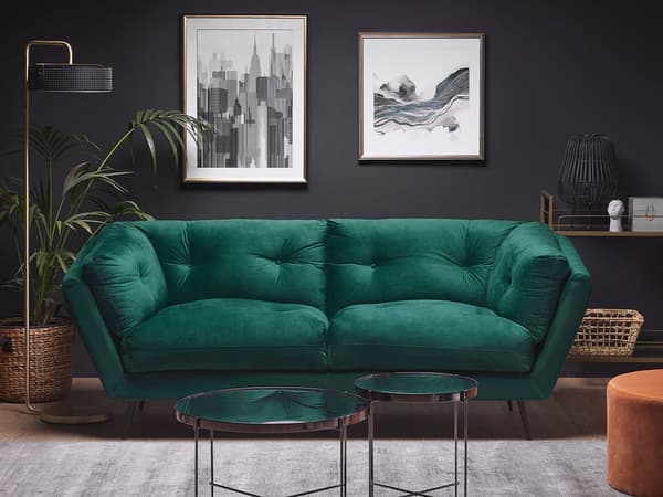 Sohva vihreä sametti verhoilu 3 hengelle 210 x 90 cm metallijalat retro tyyli