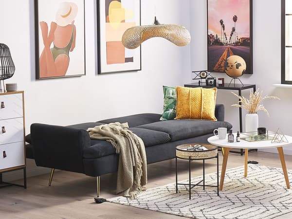 Sort 3-personers sovesofa med sovefunktion og gyldne retro ben