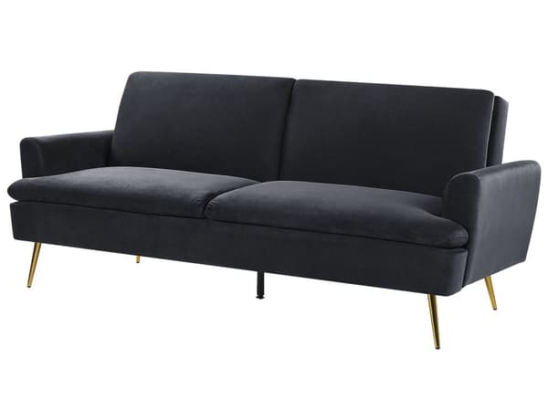 Sort 3-personers sovesofa med sovefunktion og gyldne retro ben