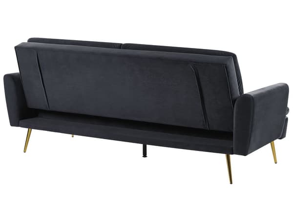 Sort 3-personers sovesofa med sovefunktion og gyldne retro ben