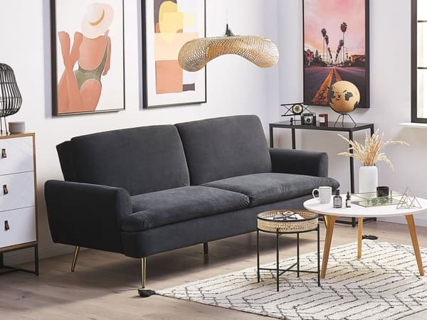 Sort 3-personers sovesofa med sovefunktion og gyldne retro ben