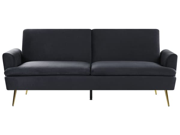 Sort 3-personers sovesofa med sovefunktion og gyldne retro ben
