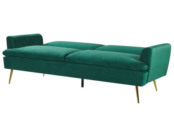 Mørkegrøn 3-personers sovesofa med sovefunktion og gyldne retro ben