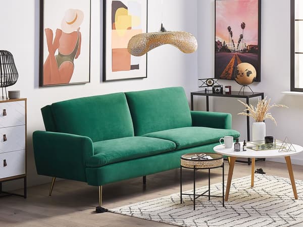 Mørkegrøn 3-personers sovesofa med sovefunktion og gyldne retro ben