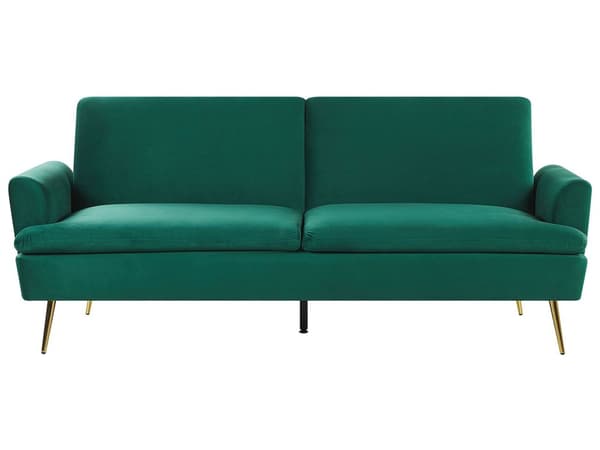 Mørkegrøn 3-personers sovesofa med sovefunktion og gyldne retro ben