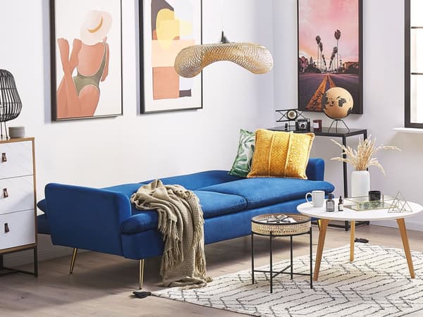 Navy blå 3-personers sovesofa med sovefunktion og gyldne retro ben