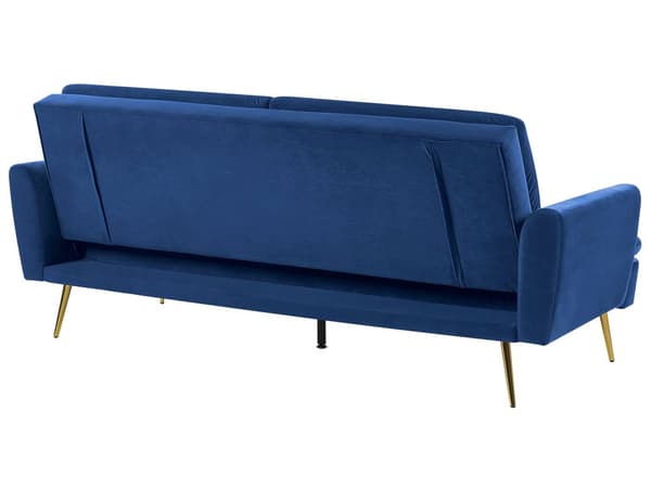 Navy blå 3-personers sovesofa med sovefunktion og gyldne retro ben