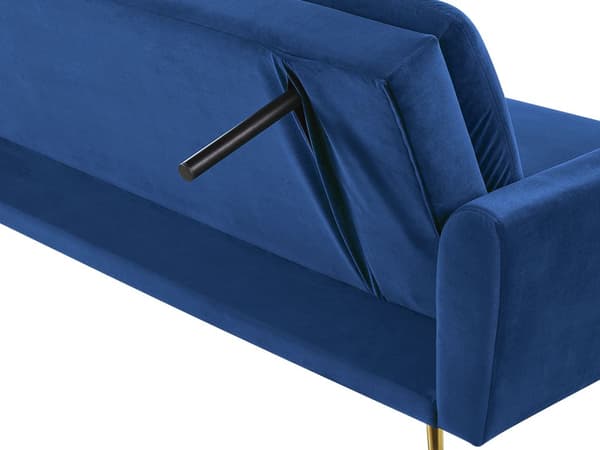 Navy blå 3-personers sovesofa med sovefunktion og gyldne retro ben