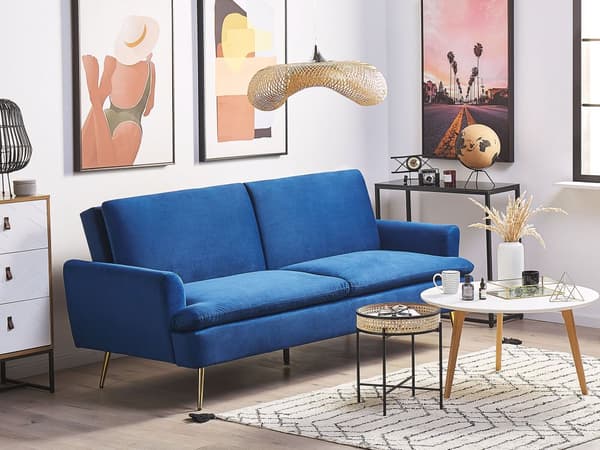 Navy blå 3-personers sovesofa med sovefunktion og gyldne retro ben