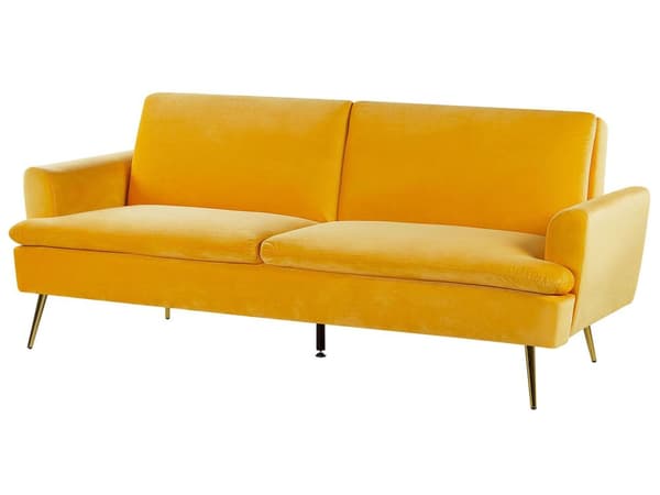 Sammet Bäddsoffa Gul 3-sits Klick Klack Gyllene Metall Ben