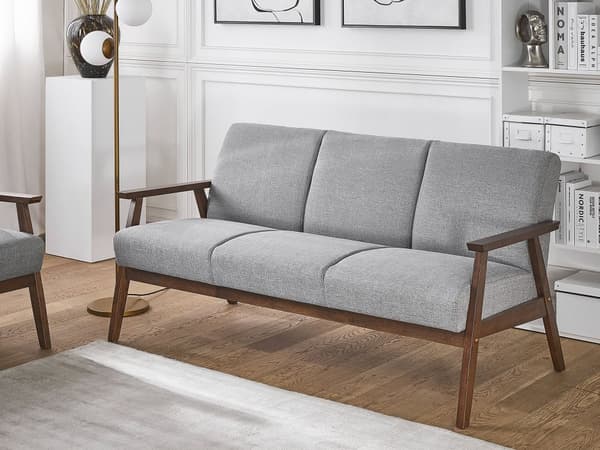 Soffa Grå Polyester Klädsel 3-sits Retro Design Trä Ram Vardagsrum