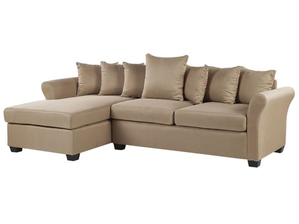 Kulmasohva beige polyesteri kangas verhoilu 3 hengelle oikea mustat jalat minimalinen tyyli