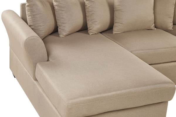 Kulmasohva beige polyesteri kangas verhoilu 3 hengelle oikea mustat jalat minimalinen tyyli