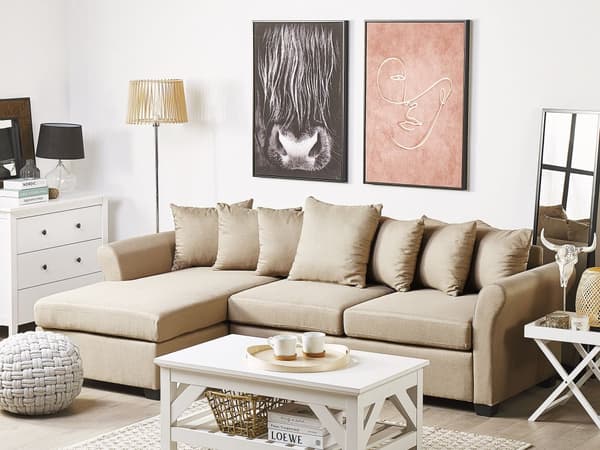 Kulmasohva beige polyesteri kangas verhoilu 3 hengelle oikea mustat jalat minimalinen tyyli