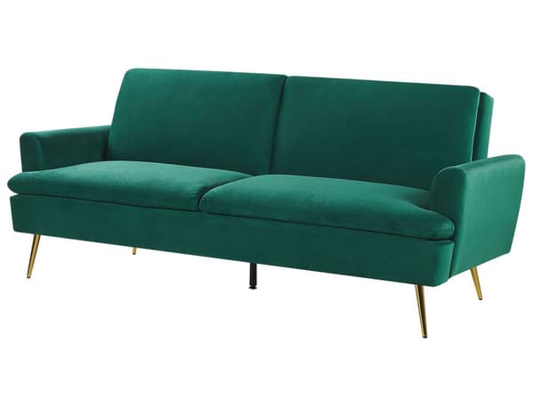 Vuodesohva tummanvihreä kolmelle samettiverhoilu metallijalat säädettävä glamour