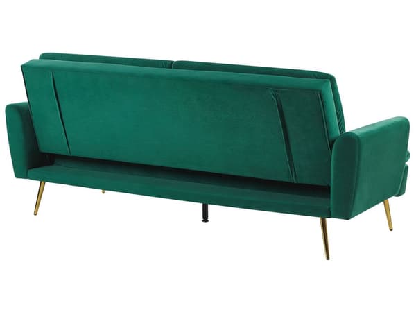 Vuodesohva tummanvihreä kolmelle samettiverhoilu metallijalat säädettävä glamour