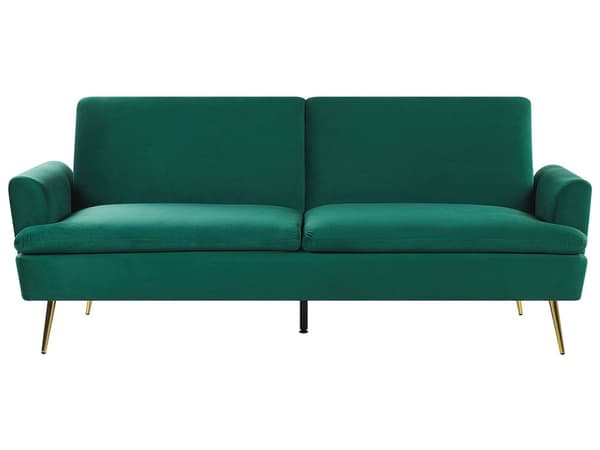 Vuodesohva tummanvihreä kolmelle samettiverhoilu metallijalat säädettävä glamour