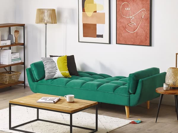 Bäddsoffa Grön Sammet 3-sits Trä Ben Skum Fyllning Vaddering