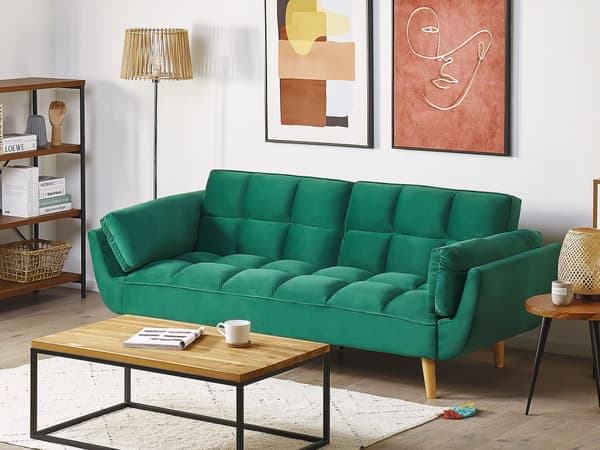 Bäddsoffa Grön Sammet 3-sits Trä Ben Skum Fyllning Vaddering