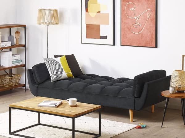 Bäddsoffa Svart Sammet 3-sits Trä Ben Skum Fyllning Vaddering
