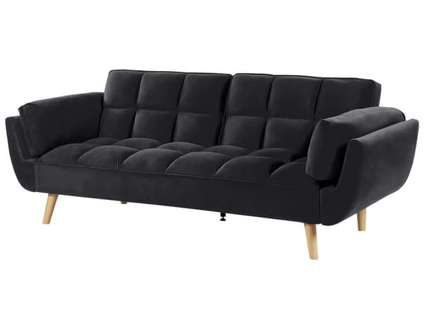 Bäddsoffa Svart Sammet 3-sits Trä Ben Skum Fyllning Vaddering