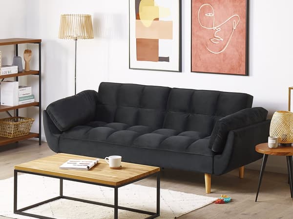 Bäddsoffa Svart Sammet 3-sits Trä Ben Skum Fyllning Vaddering