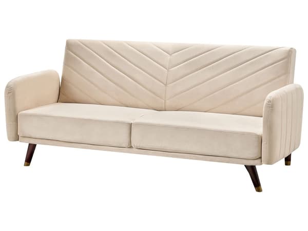 Sovesofa Beige Mørkt Træ Velour 3 pers Retro Glam Moderne Design Polyester Gummitræ Eukalyptustræ Fløjl Sofa 3-Personers Stue Indretning Møbel