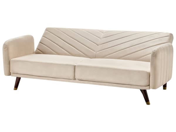 Sovesofa Beige Mørkt Træ Velour 3 pers Retro Glam Moderne Design Polyester Gummitræ Eukalyptustræ Fløjl Sofa 3-Personers Stue Indretning Møbel