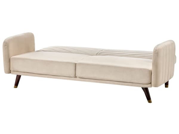 Sovesofa Beige Mørkt Træ Velour 3 pers Retro Glam Moderne Design Polyester Gummitræ Eukalyptustræ Fløjl Sofa 3-Personers Stue Indretning Møbel