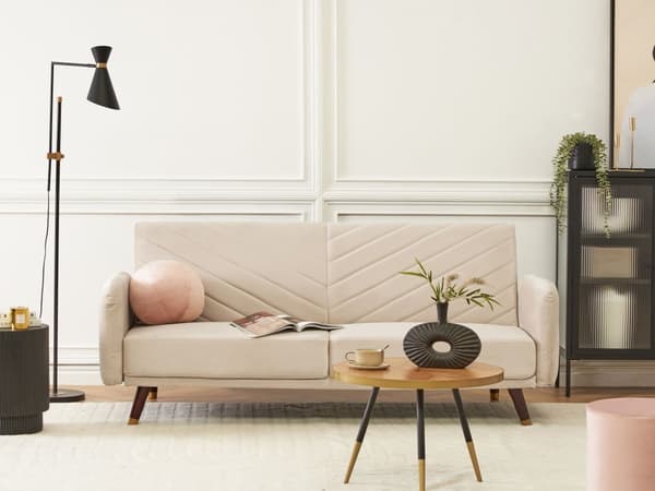 Sovesofa Beige Mørkt Træ Velour 3 pers Retro Glam Moderne Design Polyester Gummitræ Eukalyptustræ Fløjl Sofa 3-Personers Stue Indretning Møbel