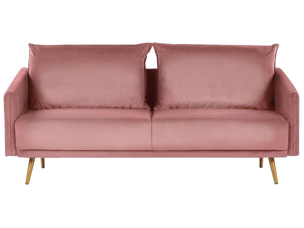Sohva vaaleanpunainen kolmelle samettiverhoilu metallijalat irrotettavat tyynynpäälliset glamour