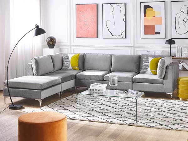 Kulmasohva harmaa 300 x 84 x 150 cm sametti metalli puu viidelle moduuli oikea rahi moderni
