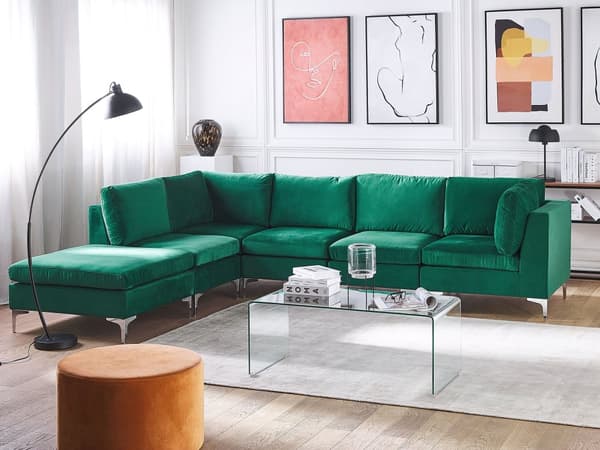 Kulmasohva vihreä 300 x 84 x 150 cm sametti metalli puu viidelle moduuli oikea rahi moderni