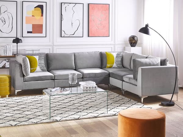 Kulmasohva harmaa 300 x 84 x 235 cm sametti metalli puu kuudelle moduuli vasen moderni