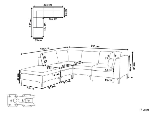 Kulmasohva harmaa 235 x 84 x 150 cm sametti metalli puu neljälle moduuli oikea rahi moderni
