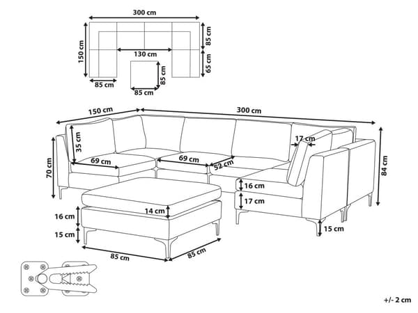 Kulmasohva harmaa 300 x 84 x 150 cm sametti metalli puu kuudelle rahi moduuli U-muoto moderni