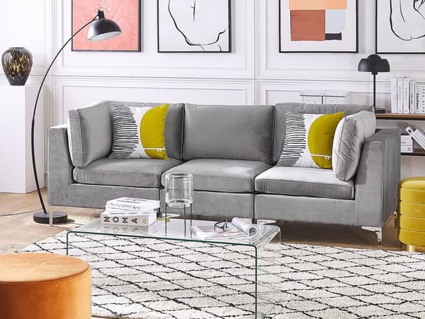 Sohva harmaa 235 x 84 x 85 cm sametti metalli puu kolmelle moduulisohva moderni