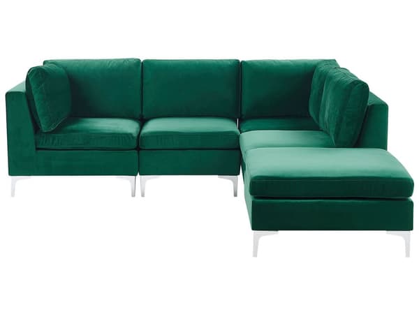 Hjørnesofa Grøn Velour Krom Metalben 4 Personers Design Sofa Moderne Vinkel L Formet Open End Modulopbygget Aftageligt Betræk Ottoman Stue